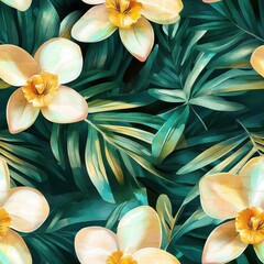 Leinwandbilder - Colorful watercolor doodle of tropical flowers and vibrant green leaves in a lively pattern