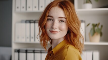 Aufkleber - Young woman with red hair smiling in a professional office setting during the day
