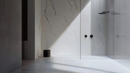 Poster - Minimalist bathroom featuring striking white marble with subtle shadows enhancing the serene design aesthetic