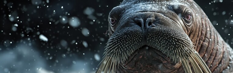 Poster - Macro shot reveals intricate features of a walrus face amidst a snowy background