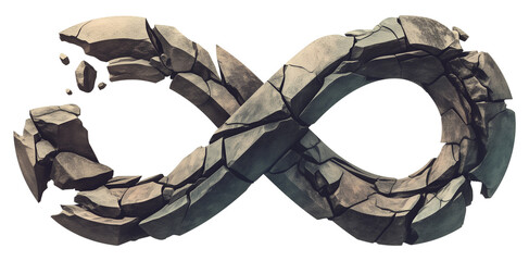 Poster - cracked infinity symbol made of grey stone bricks, isolated on transparency background, symbolizes strength and resilience despite fragmentation