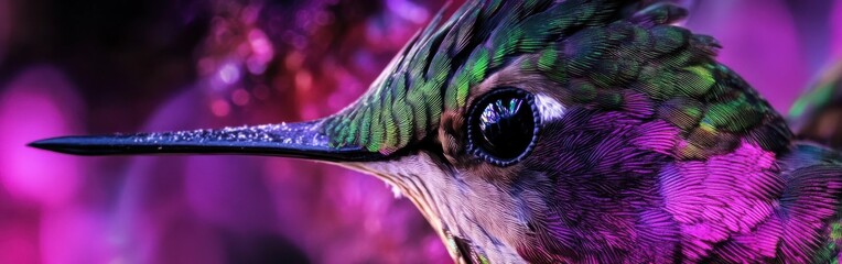 Poster - Close-up view of a hummingbird showcasing its vibrant feathers and intricate facial details in natural light