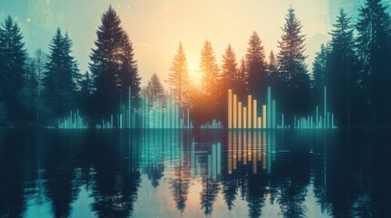 Poster - Harmonious landscape of pines reflecting in a tranquil lake at sunset with vibrant soundwave visualizations