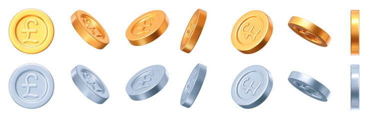 Wall Mural - 3d set golden and silver coins with sign pound sterling different angles. currency of united kingdom