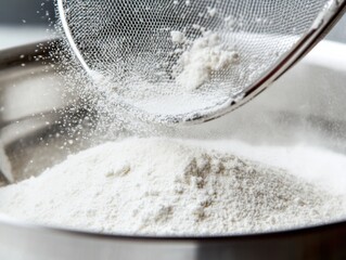 Wall Mural - Close-up of rice flour being sieved into a bowl. Featuring fine white powder and mesh sieve. Highlighting baking and gluten-free cooking. Ideal for culinary and diet content.