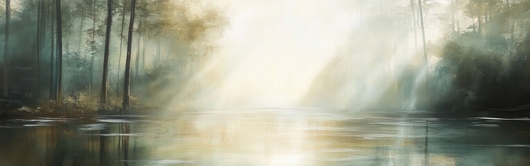 Poster - Forest-inspired palette with earthy green tones and soft light reflecting on a serene water body
