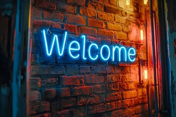 Poster - Welcome, blue neon sign on brick wall background.