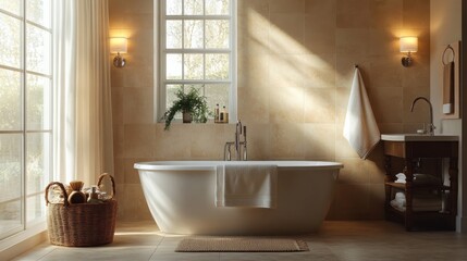 Poster - Calming bathroom oasis with soft beige tiles and natural light