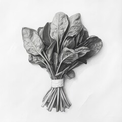 Poster - Sketch of a bundle of spinach leaves showcasing detailed pencil work and natural textures of the greens with a simple composition