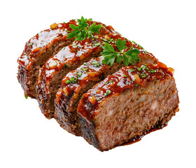 Poster - Sliced meatloaf with glaze and parsley garnish on transparency background, showcasing savory and appetizing presentation. Perfect for hearty meal or comfort food inspiration