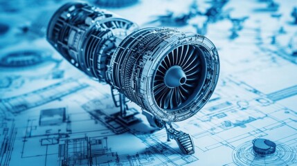 Poster - Detailed Blueprint of a Jet Engine with Technical Illustrations