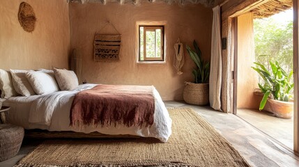 Poster - Comfortable bedroom featuring organic cotton bedding and jute accents in a serene natural setting