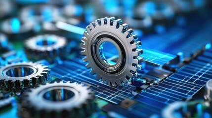 Poster - Close-up of Metallic Gear on Circuit Board with Blue Lights