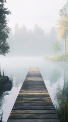 Aufkleber - Misty morning on a serene lake with a long wooden dock reaching into the water