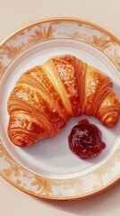 Poster - Freshly baked croissant with a dollop of raspberry jam presented on a decorative plate