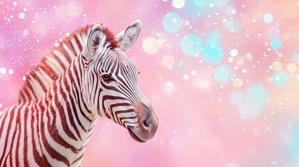 Close-Up Portrait of a Zebra Against a Colorful Dreamy Background with Bokeh Effect, Holi festival culture rainbow