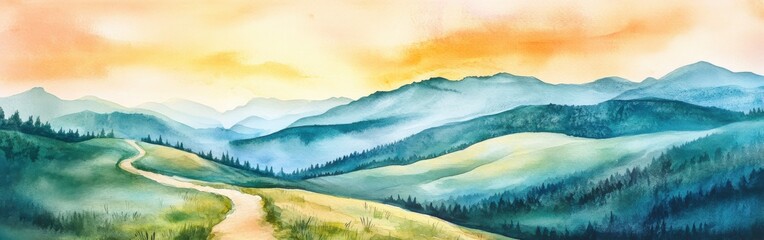 Poster - Scenic watercolor landscape depicting rolling hills and mountains under a vibrant sunset sky in a serene natural setting