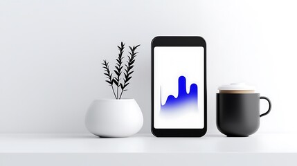 Poster - Modern workspace with smartphone displaying a blue gradient graph, a cup of coffee and a small plant