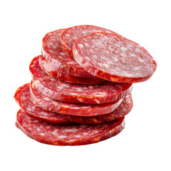 Poster - Slices of savory sausage stacked on transparency background, showcasing their rich red color and marbled texture. Perfect for culinary presentations or food related projects