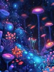 Poster - Exploring a vibrant microscopic ecosystem teeming with friendly microbes and luminescent plants. Generative AI