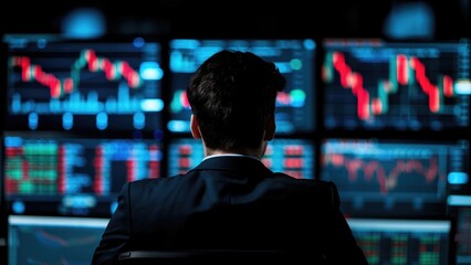 Poster - Businessman Analyzing Stock Market Data on Multiple Digital Screens