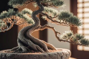 Aufkleber - Ancient bonsai tree, meticulously crafted, showcasing intricate trunk and delicate branches in a serene setting.