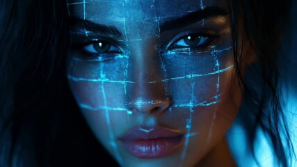 Wall Mural - futuristic portrait of young woman with blue lines art like digital scanning grid light on face show