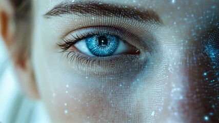 Aufkleber - Futuristic cybernetic woman's eye with digital network overlay and glowing blue iris, face symbolizing security and technological integration. 