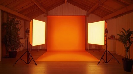 Poster - bright studio space with orange backdrop and lighting setup