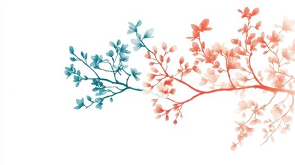 Aufkleber - Elegant tree branch silhouette featuring delicate blossoms in soft blue and coral hues against a white background