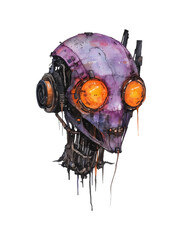 Poster - watercolor illustration of robot face with vibrant purple and orange colors, featuring glowing eyes and intricate mechanical details, evokes futuristic and artistic vibe