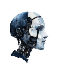 Poster - Watercolor painting of robot face in black and blue tones, showcasing intricate mechanical details and futuristic design. artwork captures blend of technology and artistry