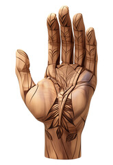 Poster - wooden hand with intricate carved details and leaf patterns is isolated on transparency background, showcasing craftsmanship and artistry
