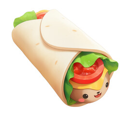Poster - cute cartoon burrito with smiling face, featuring lettuce, tomato, and cheese, isolated on transparency background. playful design adds fun and whimsical touch to image