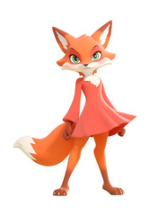 Poster - cute cartoon character of female fox human hybrid stands confidently, showcasing her vibrant orange fur and stylish red dress. Her expressive eyes add charm to her playful demeanor