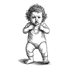 Wall Mural - front view of an angry baby girl detailed black and white outline line art drawing