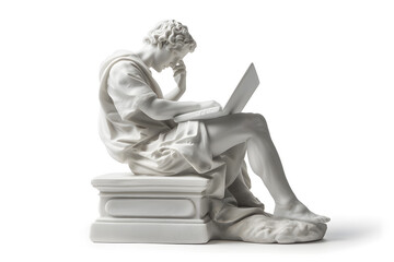 Realistic classic gypsum statue of man using a laptop for IT isolated on white background
