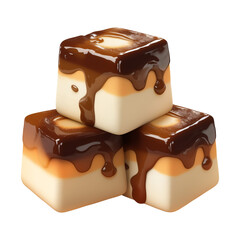 Poster - Creamy fudge squares with rich chocolate and caramel drips, isolated on transparency background, showcasing delicious and indulgent treat