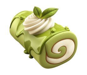 Aufkleber - cute 3D cartoon matcha roll cake with creamy frosting and green tea leaves on top, isolated on transparency background. vibrant colors and playful design make it visually appealing