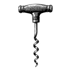Fototapete - Detailed Corkscrew with Handle Black and White Outline Line Art Drawing Isolated on White Background