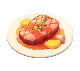 Poster - cute cartoon steak on white plate with sauce and garnishes, featuring vibrant colors and playful design. steak is accompanied by lemon slices and small onion piece