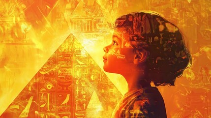 Poster - Child glowing in vibrant colors with expressive background reflecting ancient symbols and patterns