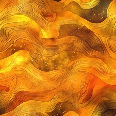 Poster - Vibrant doodle cartoon style watercolor art featuring flowing golden and orange wavy patterns