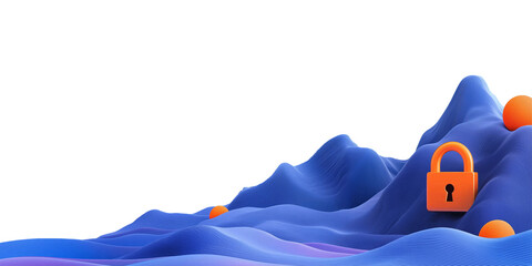 Poster - digital landscape with giant lock and key symbolizing security and protection, set against vibrant, abstract background of blue waves and orange spheres