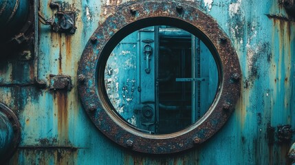 Poster - Tarnished metal plate reflects blue tones of an industrial environment with a circular shape