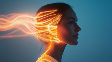 Leinwandbilder - Surreal portrayal of a glowing woman with flowing hair displayed against a serene blue background