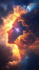 Aufkleber - Surreal glowing woman surrounded by cosmic colors, representing light and inner strength at twilight