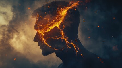 Aufkleber - Surreal portrait of a glowing man with fiery patterns illuminating his face during a dreamy twilight hour