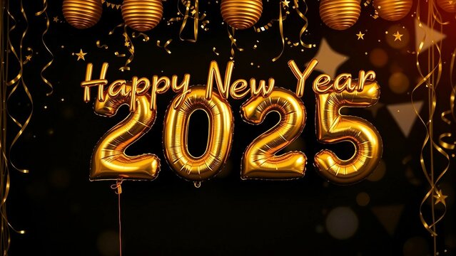 Gold Happy New Year 2025 message balloons on a black background with decoration party symbolizes the