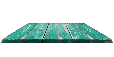 Poster - green wooden table with rustic finish is displayed from front view, ideal for showcasing products. texture and color add natural charm to any setting